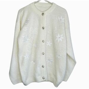 Vintage‎ Christmas Holiday Cardigan Sweater XL Beaded Poinsettia Grandma Retro
